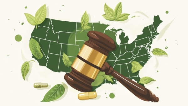 a vector graphic representing the judge’s gavel in front of the u.s. map surrounded by kratom leaves and capsules