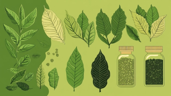 a vector graphic depicting various kratom leaf strains and products