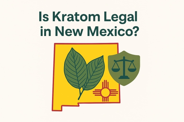 New Mexico state outline with kratom leaves, Zia symbol, and justice scale icon under the title 'Is Kratom Legal in New Mexico?'