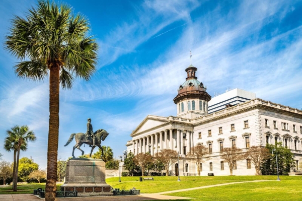 South Carolina State House, in Columbia, SC, and Wade Hampton III Statue on a sunny morning