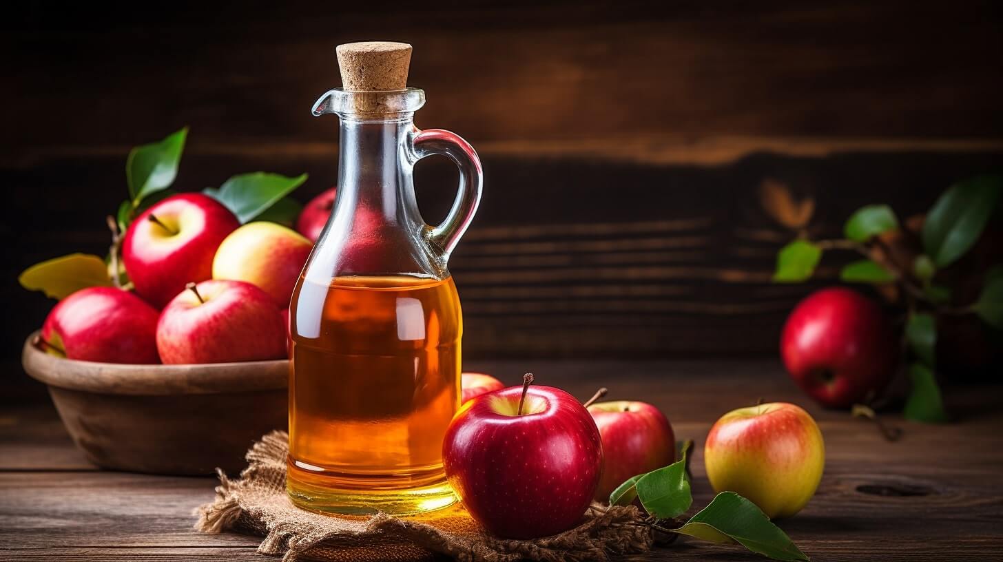 A bottle of apple cider vinegar surrounded by apples