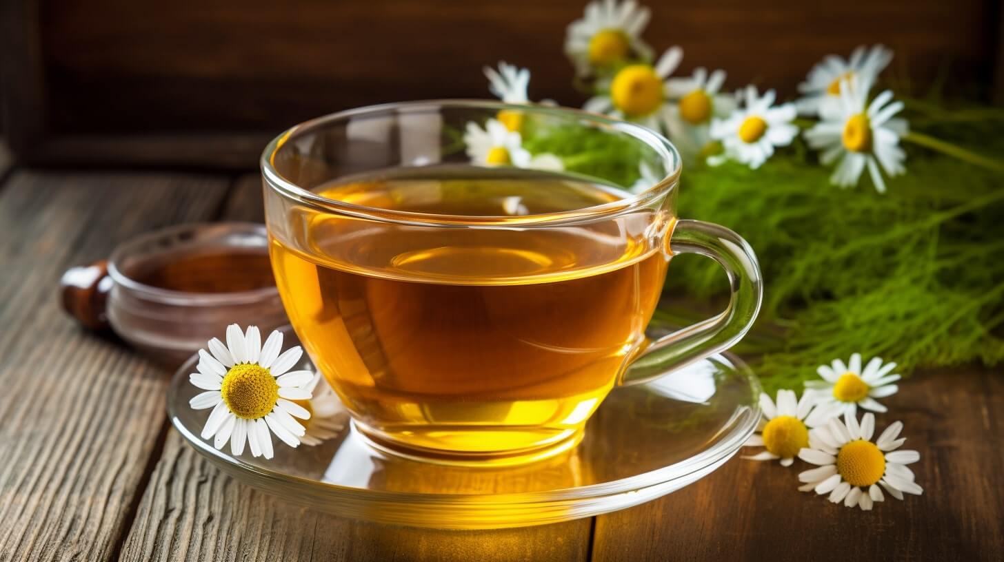 A cup of chamomile tea surrounded by chamomile flowers