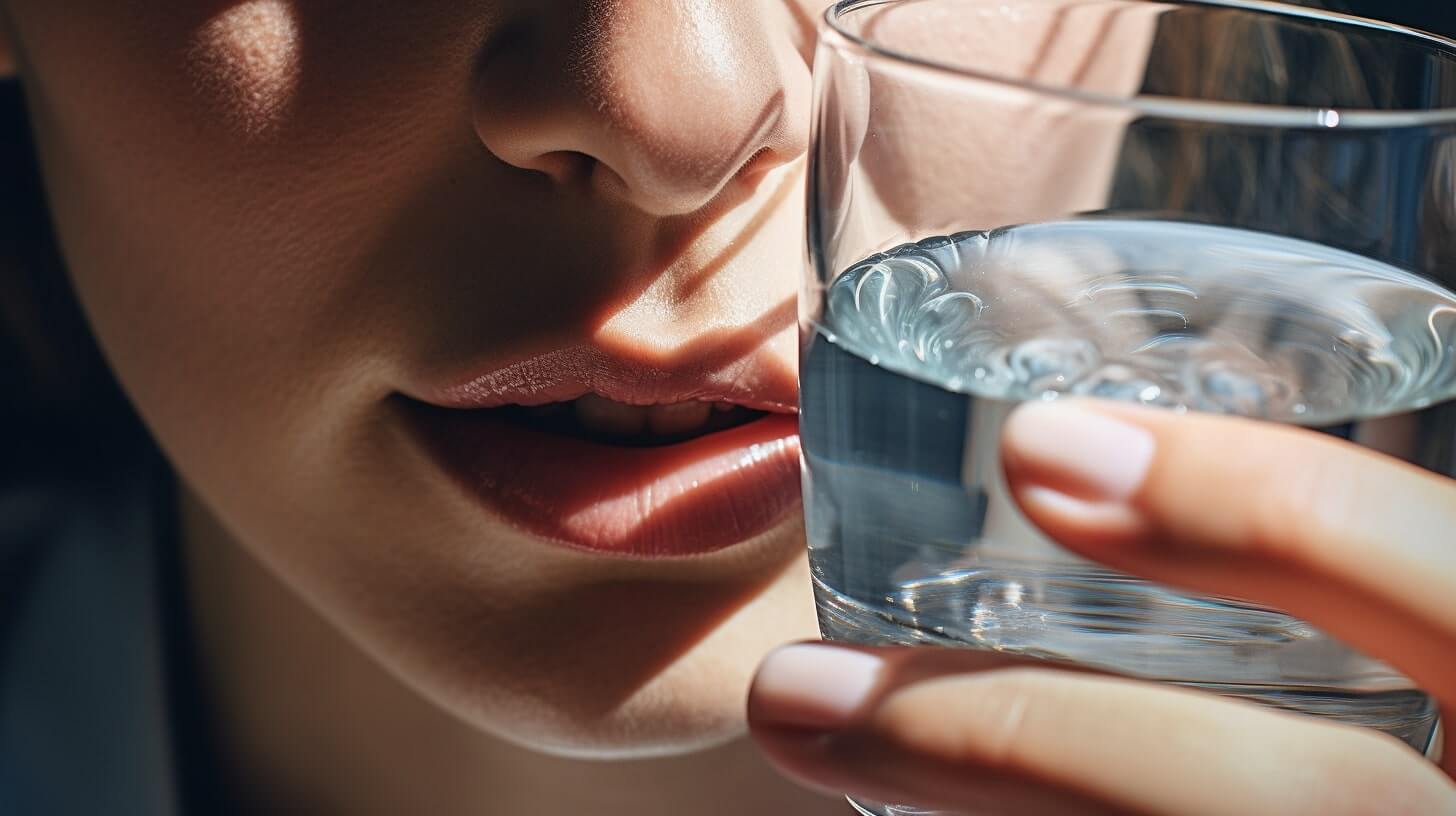 A young woman holding a glass of water