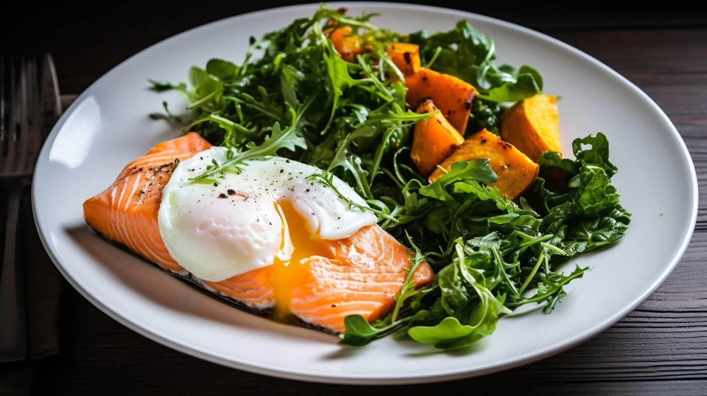Salmon, egg, sweet potatoes and leafy greens on a plate