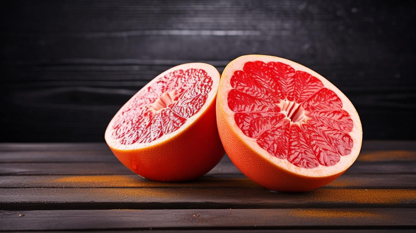 Two halves of a grapefruit on a wooden surface
