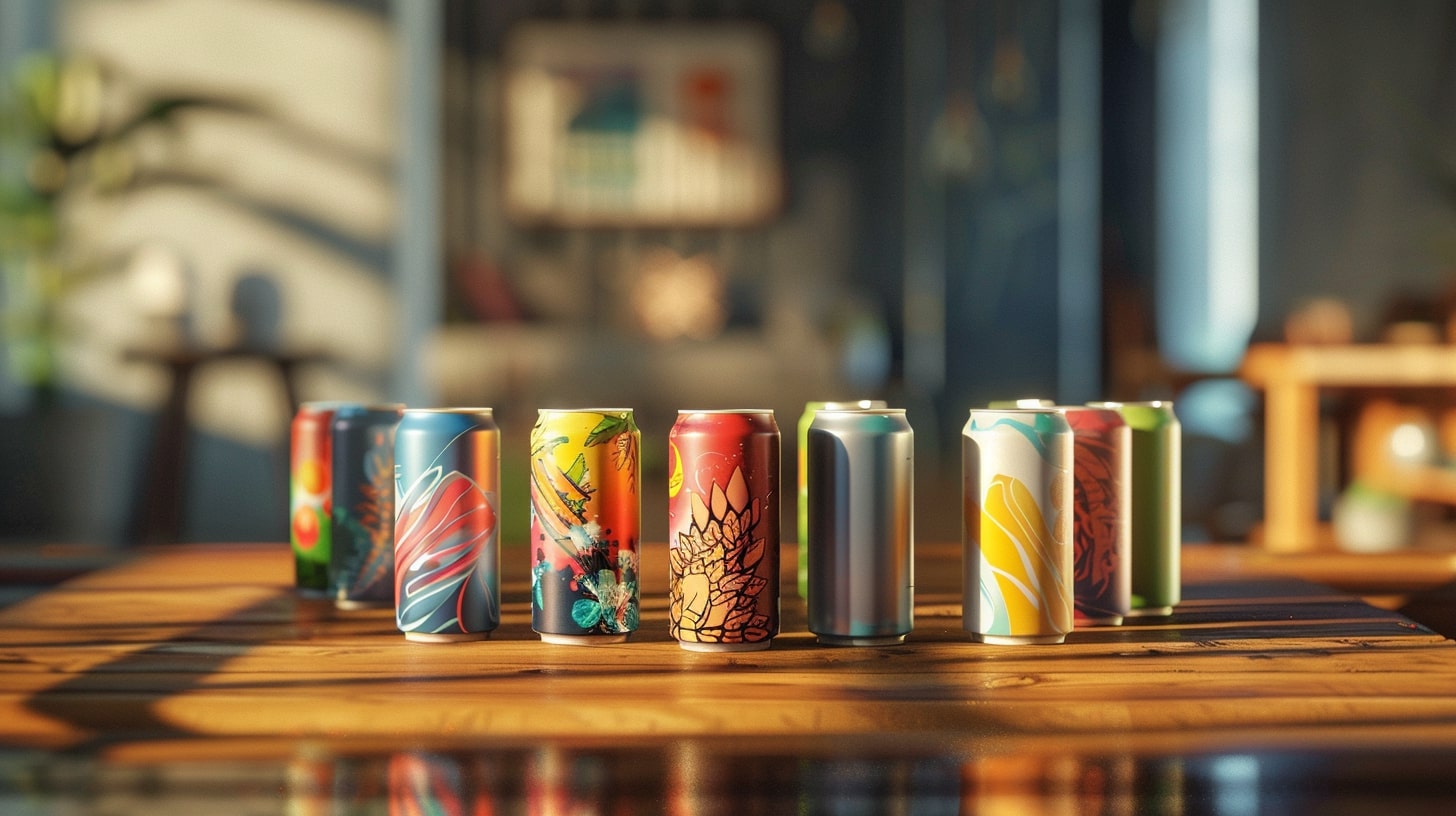 colorful energy drink cans on a table