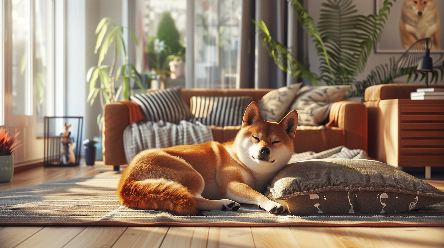 a shiba inu dog sleeping in the living room at home