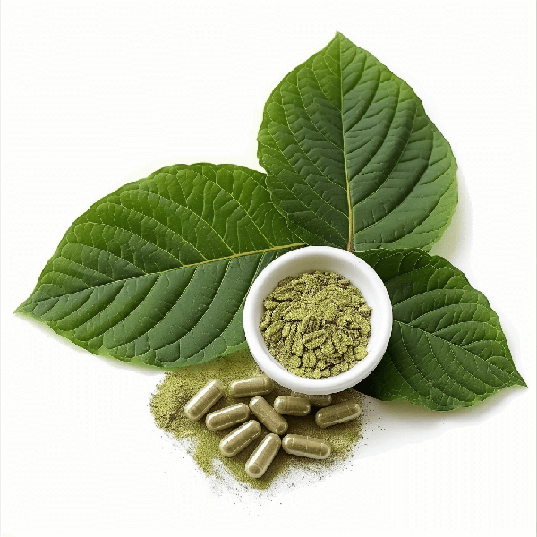 kratom leaves, powder, and capsules