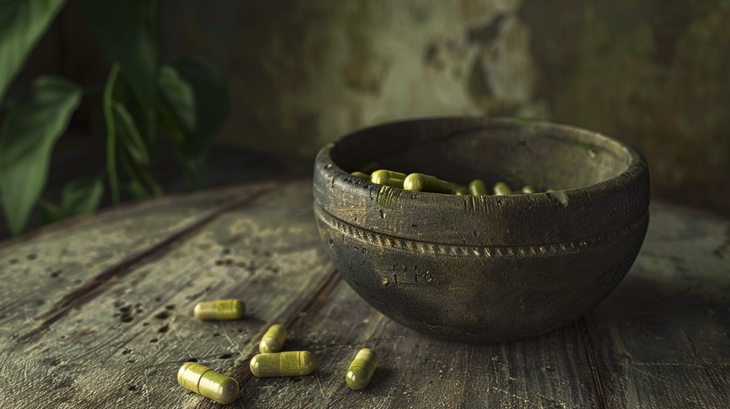 kratom capsules in a bowl