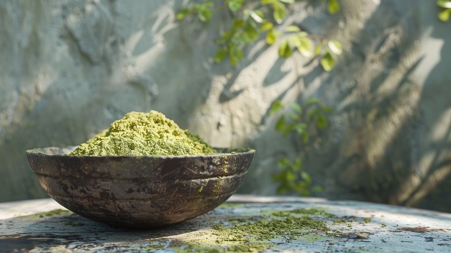Kratom powder in a wooden bowl