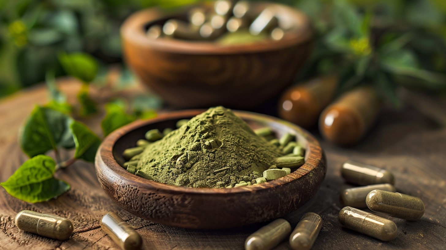 Kratom powder in a wooden bowl