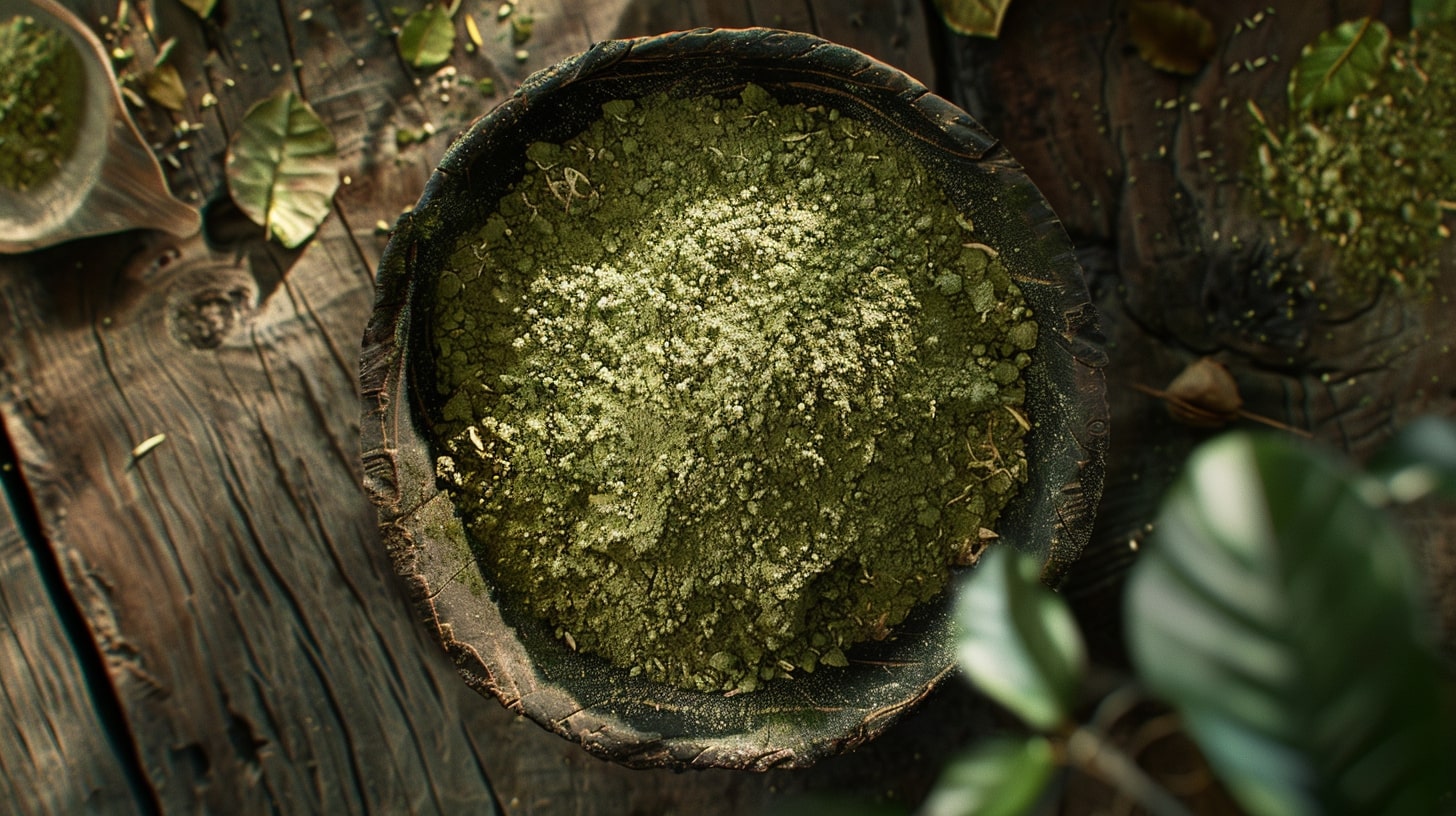 kratom powder in a wooden bowl