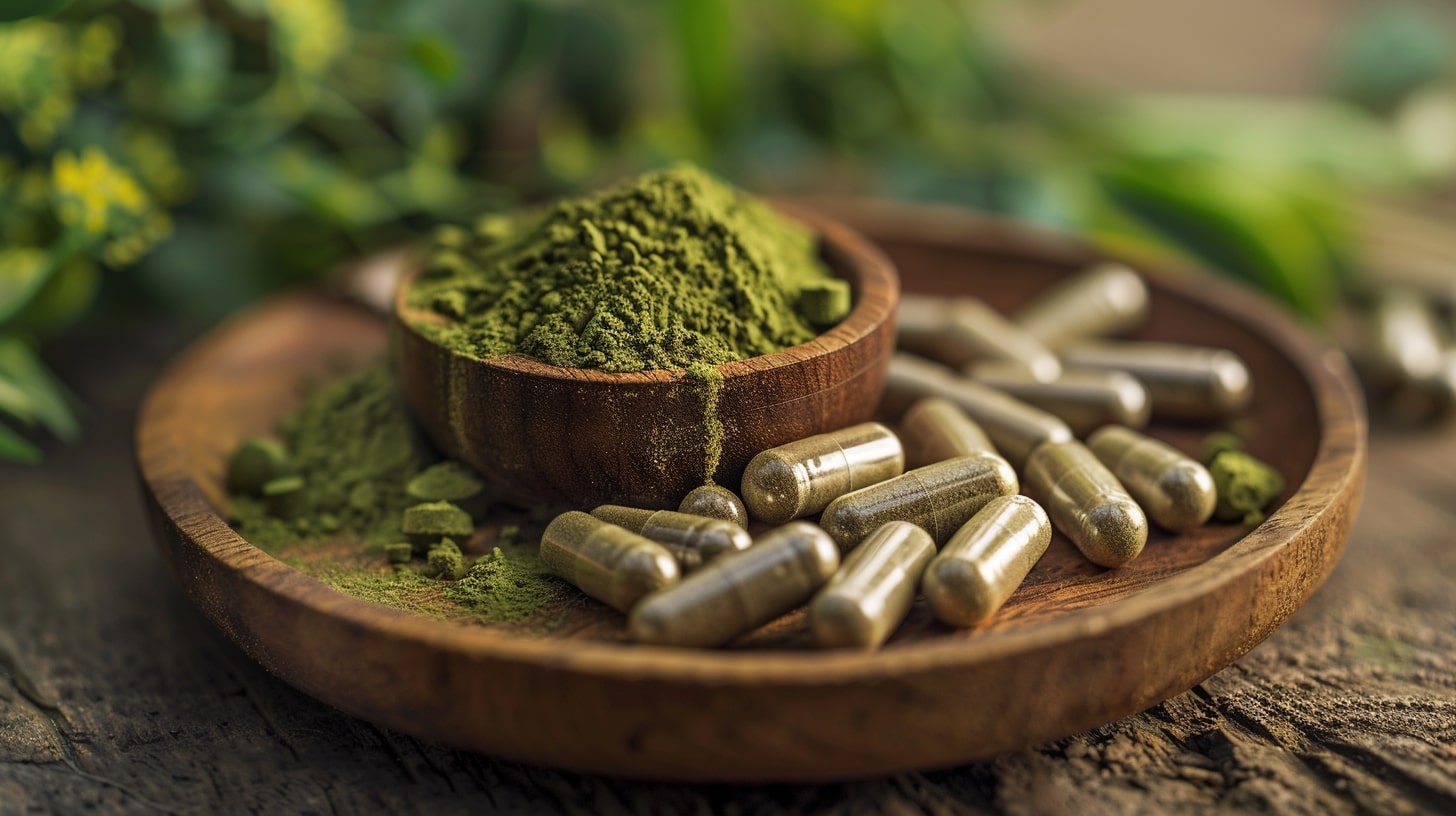 Kratom products in a rustic wooden bowl
