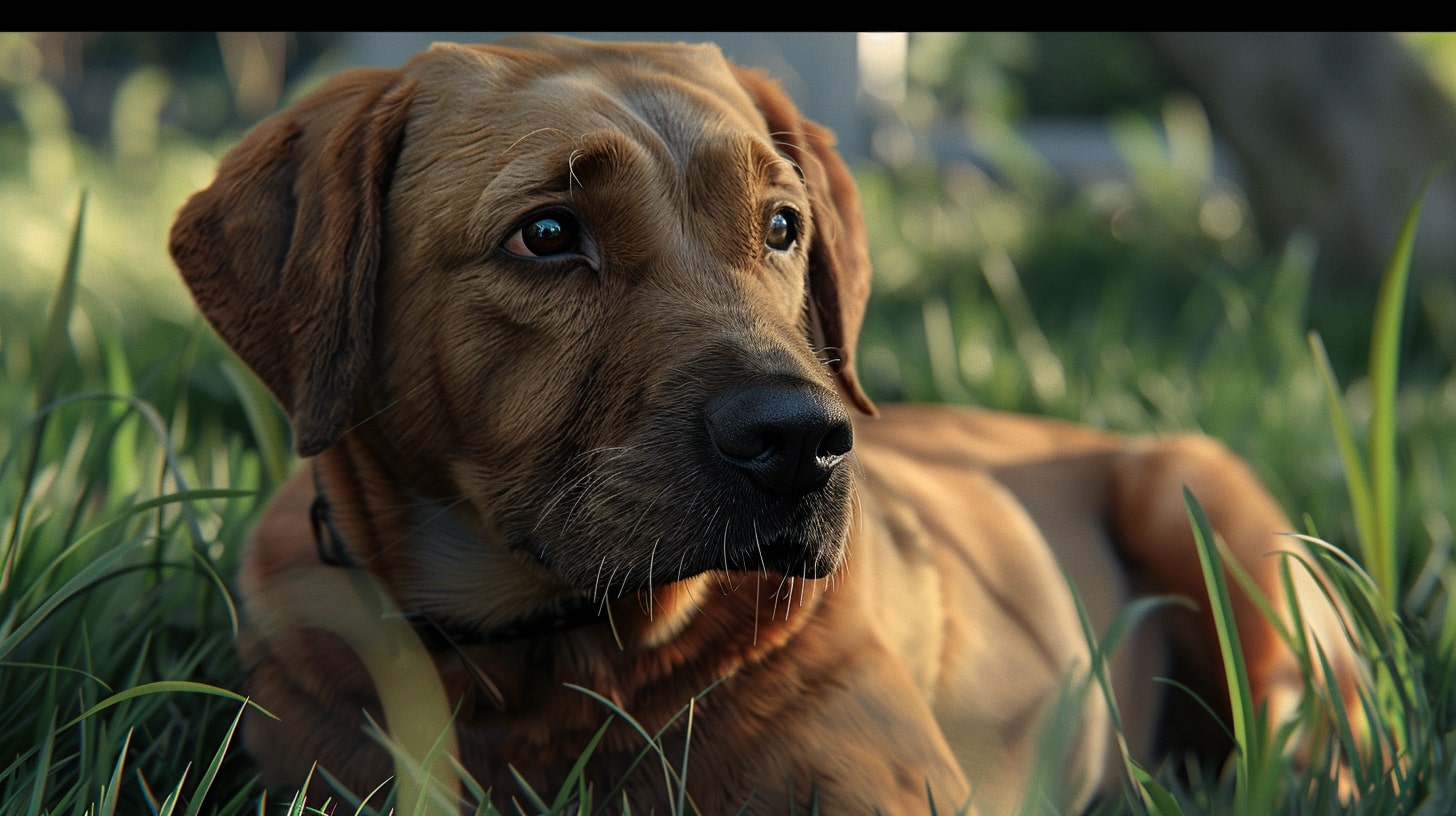 a large dog laying on the grass